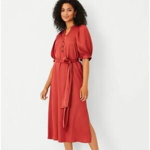 Ann Taylor Medium Petite Puff Sleeve Tie Waist Shirtdress Midi Maxi Orange Silk
